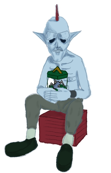 An illustration of Grog, an emaciated goblin-esque figure with sunken eyes and a mohawk. Their drawn holding the bottle bug item, as if it work a tarantual in an enclosure