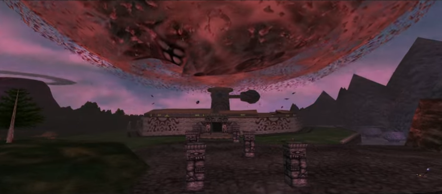 Still from Majora's Mask showing the moon crashing into clocktown.