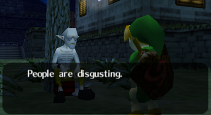 Still of Grog's asset in Ocarina of Time, saying 'People are disgusting'