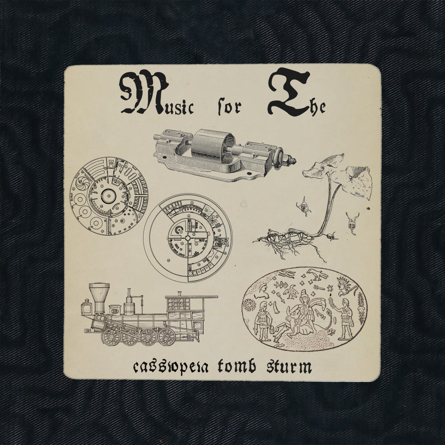 An album cover for the album Music for The. It features a textured frame surrounding a old paper background, on which is an illustration of a train, a ufo, a tool, a plant, and a etching of Mithraeum