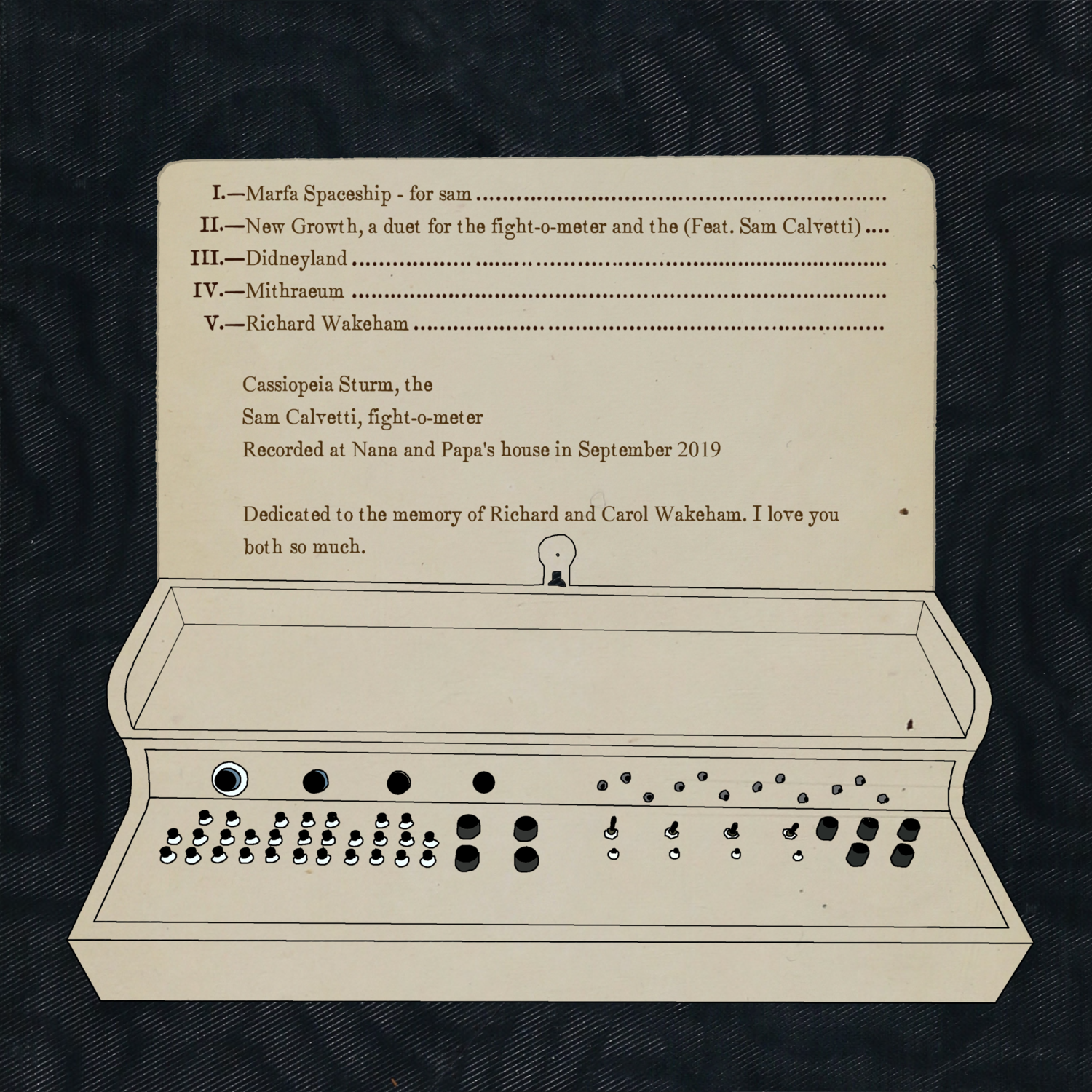 The backside of the above cover, which features a track listing, an illustration of the, and some credits